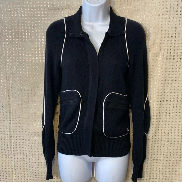 Armani Exchange Zip Up Knit Cárdigan Sweater with White Trim Detailing - Picture 6 of 8